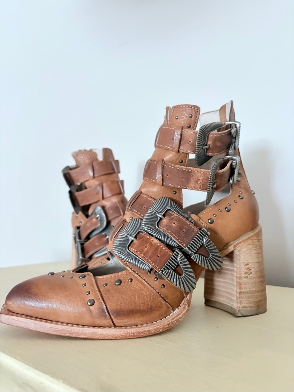 Freebird by Steven Tan Leather “Judge” Buckle Block Heel Ankle Boots